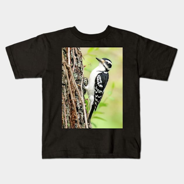 Portrait of a Hairy Woodpecker 2-Female Kids T-Shirt by BirdsnStuff